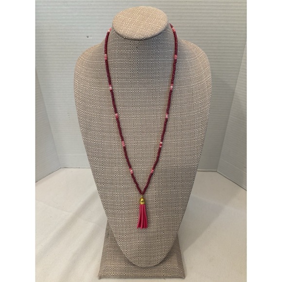 The Unbranded Brand Jewelry - Cranberry Colored Beads Pink Tassel Gold Accent Fashion Necklace Boho Style 28"